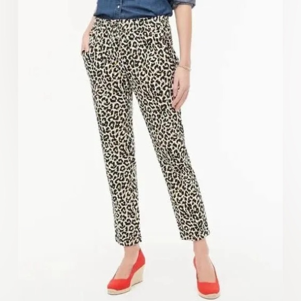 J Crew Factory White Leopard Print Linen Cotton Drawstring Pants AL465 Size 0